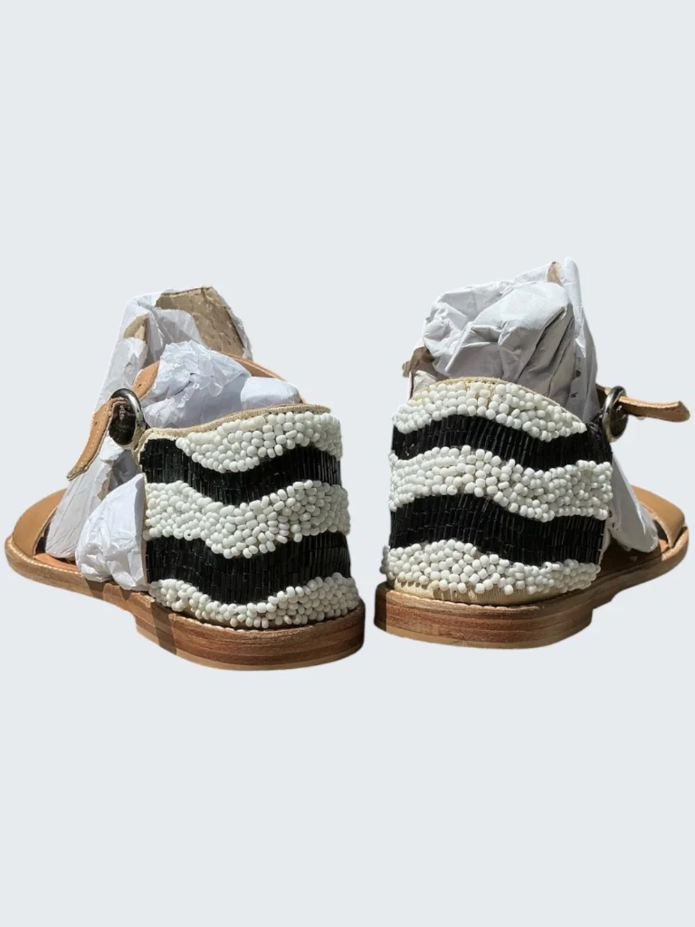 Anthropologie Miss Albright Tan Leather Sandal Zebra Stripe Beaded Heel SZ 8 (7)
